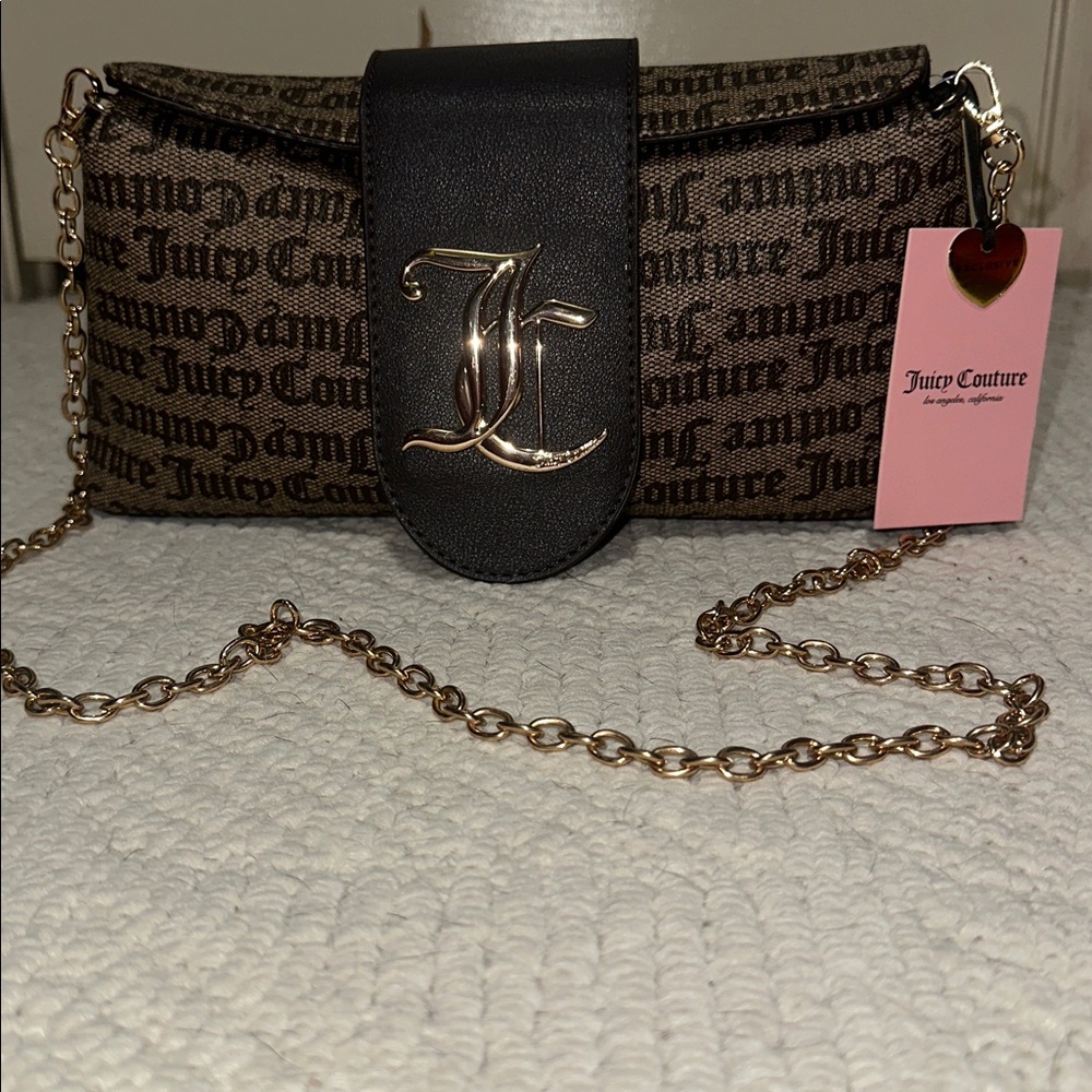 Juicy Couture Black and Brown Logo Clutch with Gold Chain👑